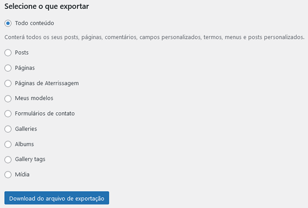 Tela Exportação WordPress